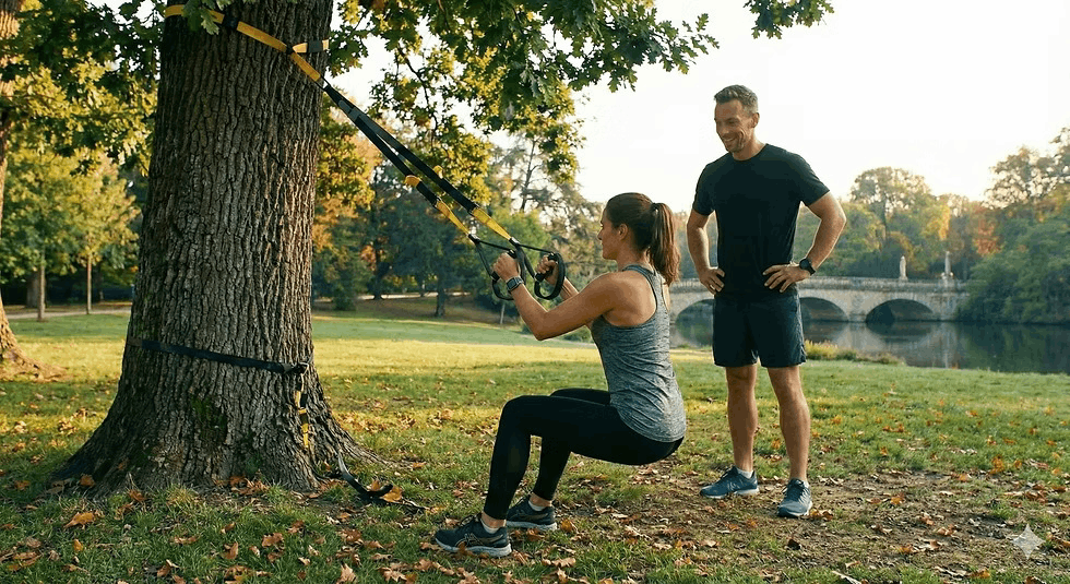 Une sportive s'entraîne au TRX dans un parc avec son coach